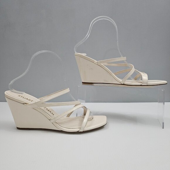 Stuart Weitzman Strapeze 85 Wedge Womens 10 Ivory Leather Strappy Sandal Slide - Picture 3 of 11